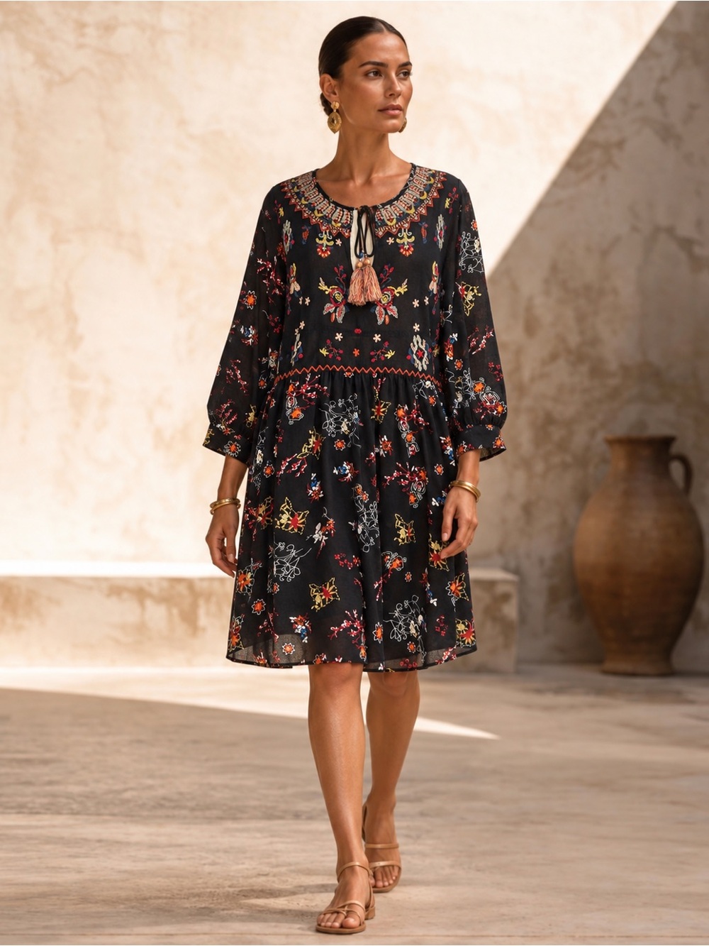 Philosophy Republic Dress Womens XL Black Floral Embroidered Boho Tassel Lined